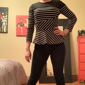 BCBG Black and White Peplum Top XS